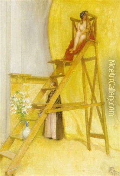 Nina Hos Plafondmalaren Oil Painting - Carl Olof Larsson