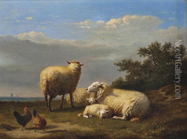 Sheep And Poultry In Pasture Oil Painting - Eugene Joseph Verboeckhoven