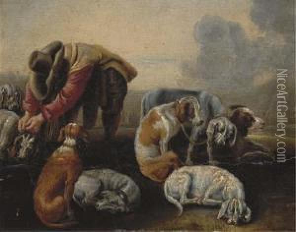A Hunter Leashing His Hounds Oil Painting - Adriaen Cornelisz. Beeldemaker