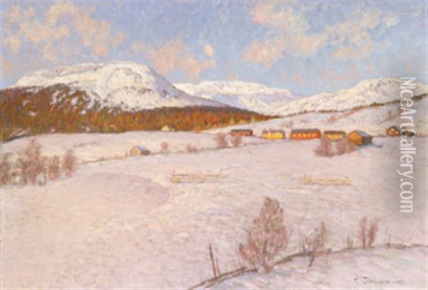 Vinterlandskap Med By Oil Painting - Anton Genberg