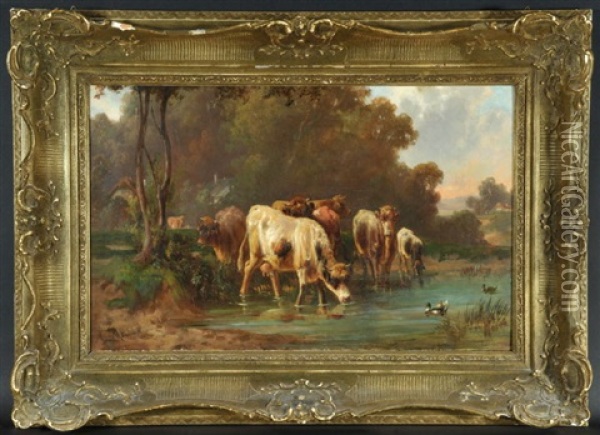 Kuhe An Wasserstelle In Baumlandschaft Oil Painting - Louis (Ludwig) Reinhardt