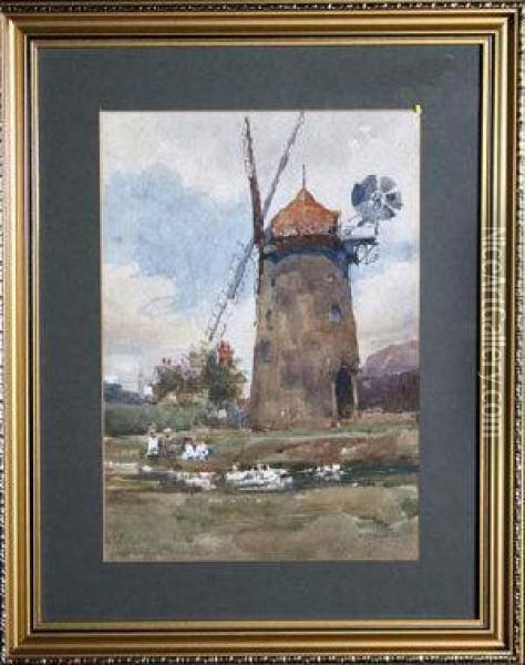 An Old Windmill With Children By A Duck Pond In The Foreground Oil Painting - Alfred James Collister