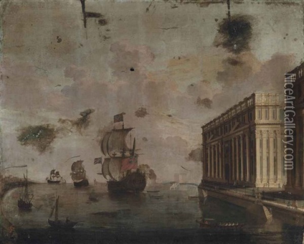 A Capriccio Of Greenwich Hospital From The Thames, Vessels Beyond Oil Painting - Jan Griffier the Younger