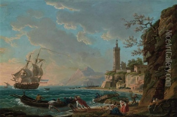 A Mediterranean Coastal Landscape With A Lighthouse, Ship, Smaller Boats And Figures Oil Painting - Charles Francois Lacroix