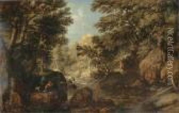 A Wooded River Landscape With Hunters Oil Painting - Marten Ryckaert