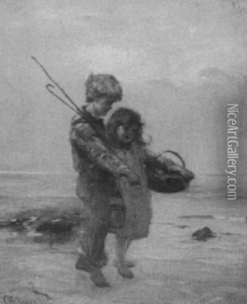 Children On A Beach Oil Painting - Otto Theodore Leyde