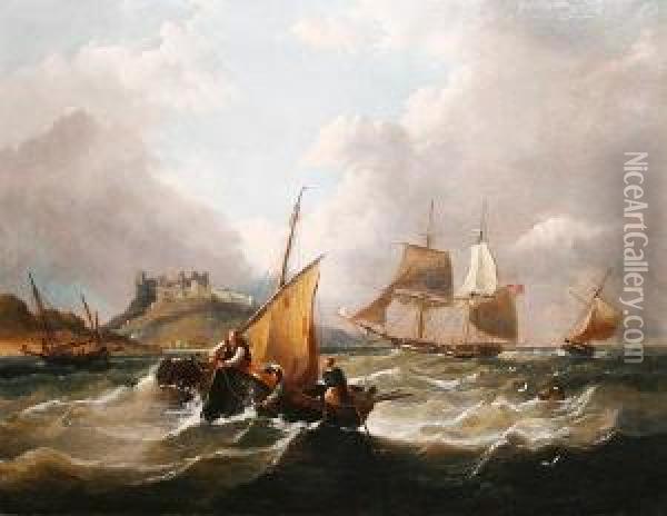 Fishing Vessels Off A Coastline, A Castle Beyond Oil Painting - Frederick Calvert