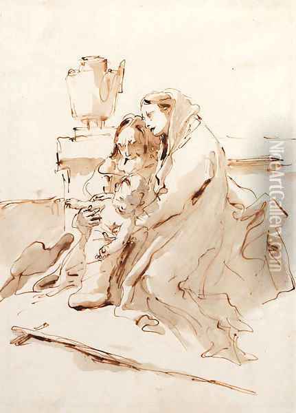 The Holy Family resting by an urn Oil Painting - Giovanni Battista Tiepolo