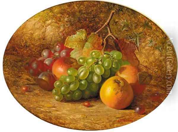 Apples, grapes and a plum, on a mossy bank Oil Painting - Charles Archer