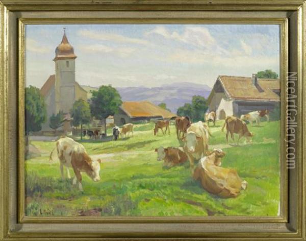 View Of The Village Of Montfaucon In The Jura Mountains. Oil Painting - Ernst I Hodel