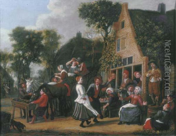 Peasants Making Merry And A Wagon Halting Outside An Inn Oil Painting - Jan Victors
