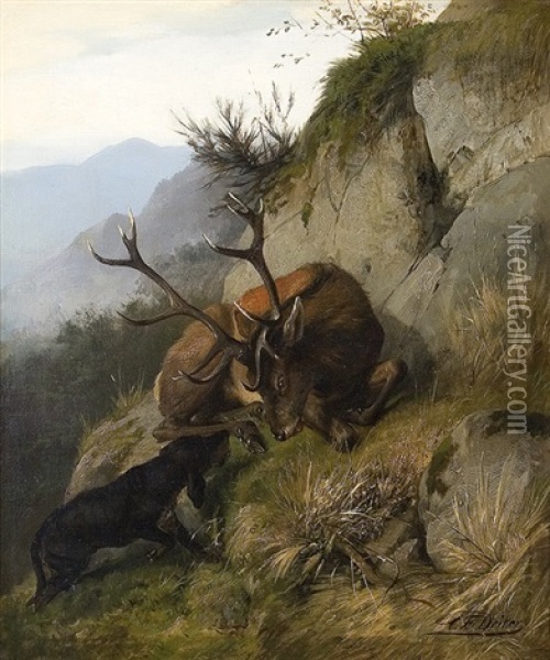 Stag-hunting Oil Painting - Carl Friedrich Deiker