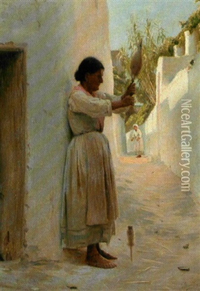 Italiensk Gadeparti Med Kone Holdende En Handten, Capri Oil Painting - Peter Vilhelm Ilsted