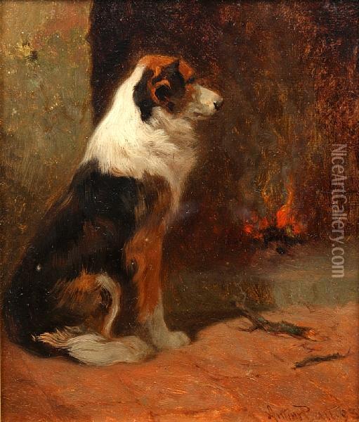 A Seated Collie Beside A Hearth Oil Painting - Arthur Batt
