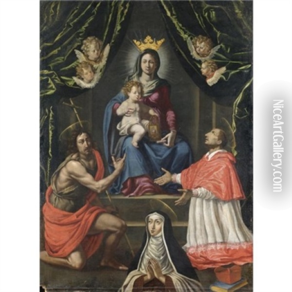 Madonna Col Bambino Tra San Carlo, San Giovanni Battista E Santa Maria Maddalena De Pazzi Oil Painting - Francesco Curradi