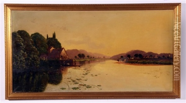 River Scene With Cattle And Figures In A Punt By A Cottage Oil Painting - Edwin Henry Boddington