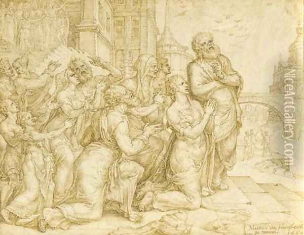 Susanna and her relatives praising the Lord (Daniel 1363) Oil Painting - Maerten van Heemskerck