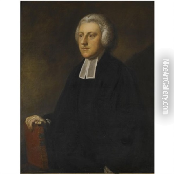 Portrait Of A Suffolk Clergyman, Half Length, Wearing Cassock And Bands, His Right Hand Resting On A Copy Of Buck's 1632 New Testament Oil Painting - Thomas Gainsborough