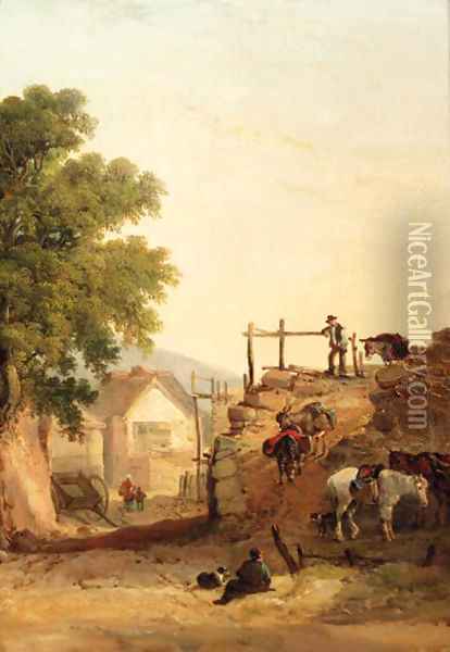 Donkeys descending a rocky path, a cottage beyond Oil Painting - William Joseph Shayer