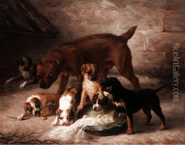 Feeding Time For The Puppies Oil Painting - Louise Lalande