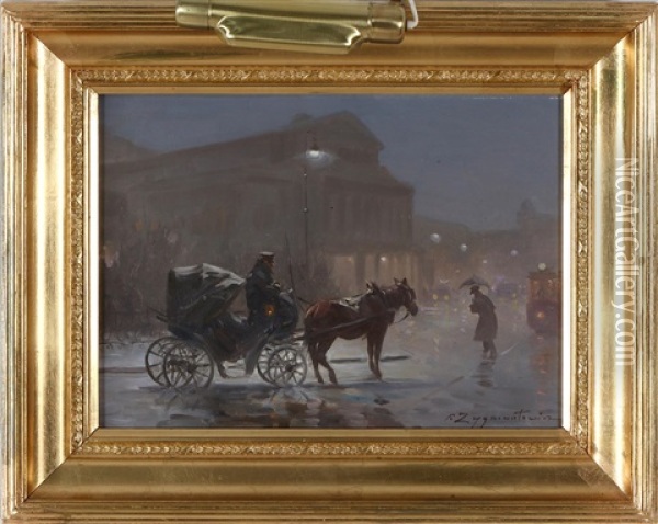 Carriage In Front Of Warsaw National Theater Oil Painting - Czeslaw Wasilewski