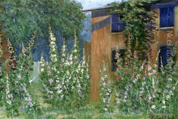 In The Hollyhock Garden Oil Painting - Colin Campbell Cooper