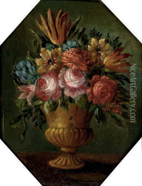 Parrot Tulips, Roses, Chrysanthemums And Other Mixed Flowers In An Urn Oil Painting - Mario Nuzzi Mario Dei Fiori
