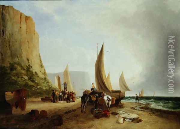 Fishermen unloading their catch Oil Painting - George Vincent