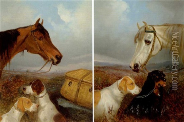 A Head Study Of A Grey Game Pony (+ A Head Study Of A Bay Game Pony With Pointers And A Game Basket; Pair) Oil Painting - Colin Graeme