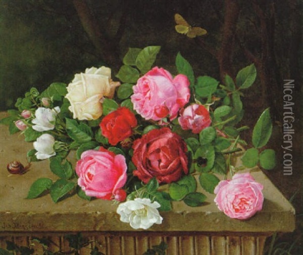 Rosor Pa Stenskiva Oil Painting - Johan Frederik Bergsoe
