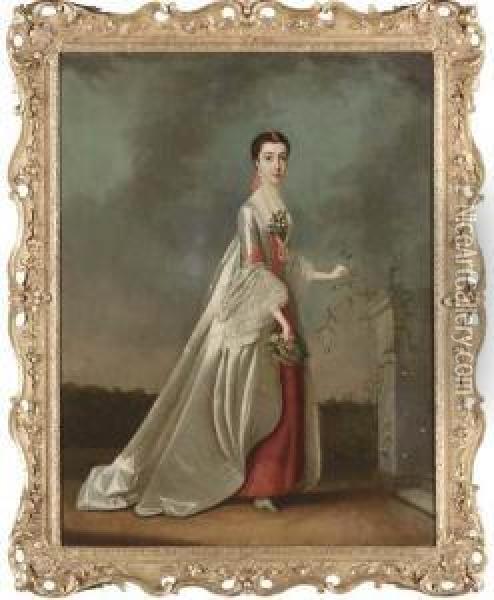 Portrait Of A Lady, Said To Be The Duchess Of Somerset, Smallfull-length, In A Red And White Dress, In A Landscape Oil Painting - Edward Penny