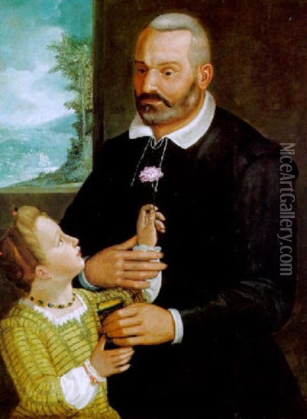 Ein Vater, Der Seiner Tochter Ein Buch Und Dessen Tochter Ihm Eine Rote Nelke Reicht Oil Painting - Antonio Campi
