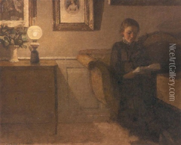 Reading By Lamplight Oil Painting - Niels Holsoe
