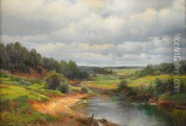 A River Landscape Oil Painting - Ivan Avgustovich Vel'ts