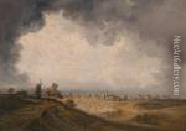 Landschaft In Der Umgebungvon Paris Mit Einer Windmuhle Und Einem Dorf Oil Painting - Georges Michel