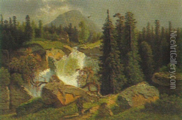 Alpenlandschaft Mit Einem Wasserfall Und Wanderer Oil Painting - Theodor (Wilhelm T.) Nocken