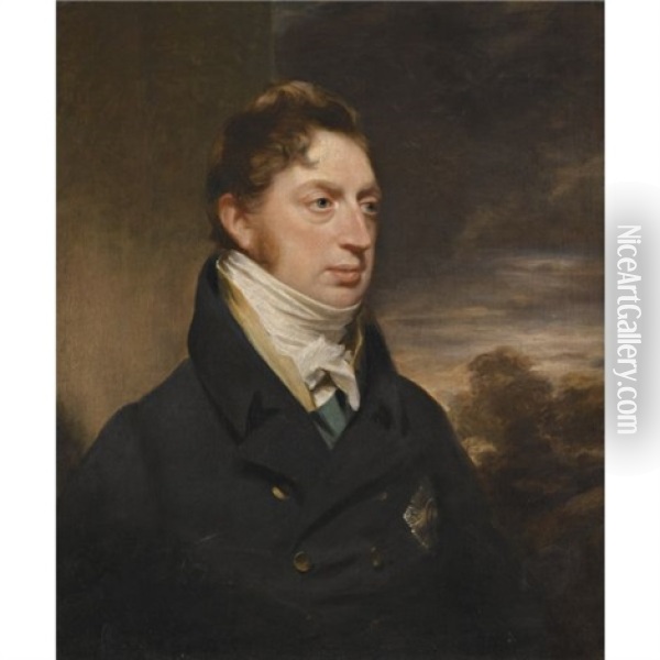 Portrait Of Charles Brudenell-bruce, 1st Marquess Of Ailesbury, Wearing A Dark Blue Coat And A Yellow Waistocat, With Thistle Star Oil Painting - Sir William Beechey