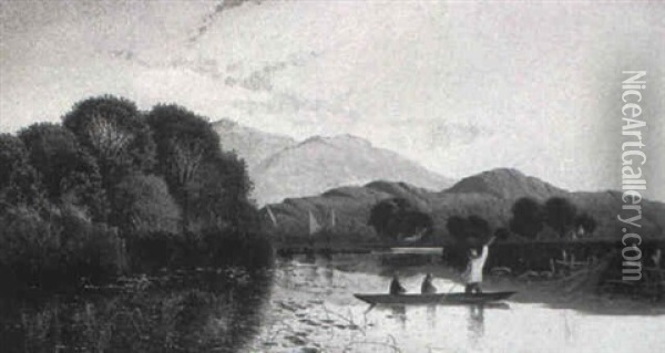 Anglers Fishing At Dusk Oil Painting - Edwin Henry Boddington