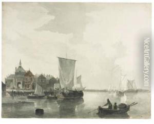 Fishermen And Shipping On The 
Merwede Near The Rietdijkse Poort,dordrecht (recto); A Sketch Of 
Shipping At Sea (verso) Oil Painting - Christiaan Dreibholtz