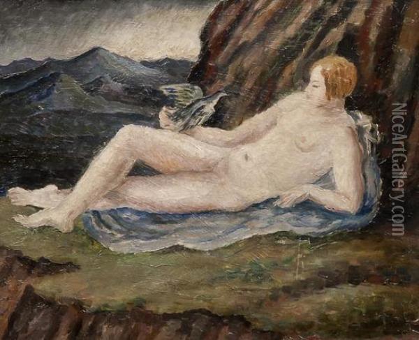 Reclinging Nude With Dove In A Mountainous Landscape (portrait Of Henrietta Bingham) Oil Painting - Dora Carrington
