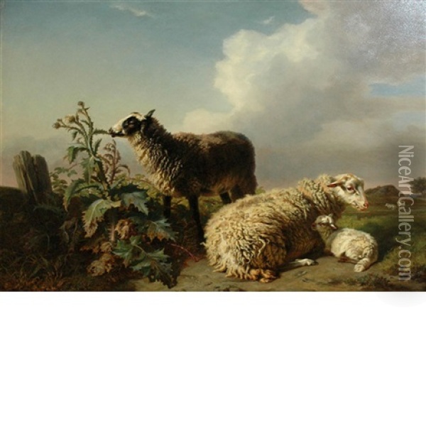 Sheep In A Landscape Oil Painting - Edmond Tschaggeny