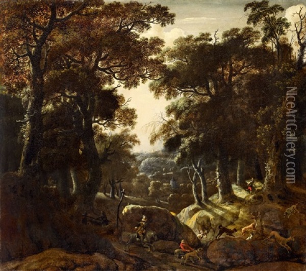Landscape With Hunters Oil Painting - Jan Looten
