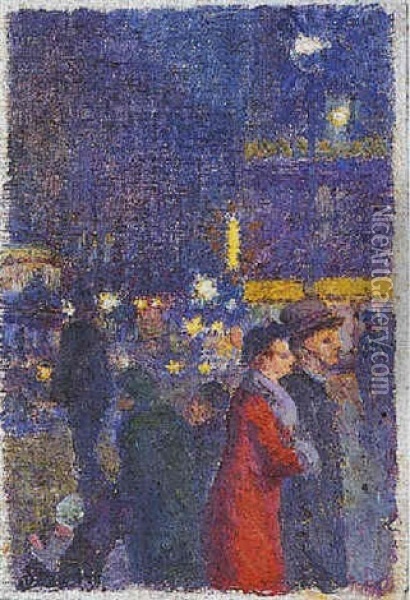 Scene De Rue Parisienne, La Nuit Oil Painting - Louis Hayet