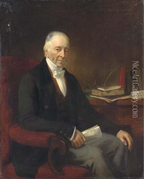 Portrait Of William Davis Of Leytonstone, Seated At His Desk,three-quarter Length Oil Painting - Thomas Arrowsmith