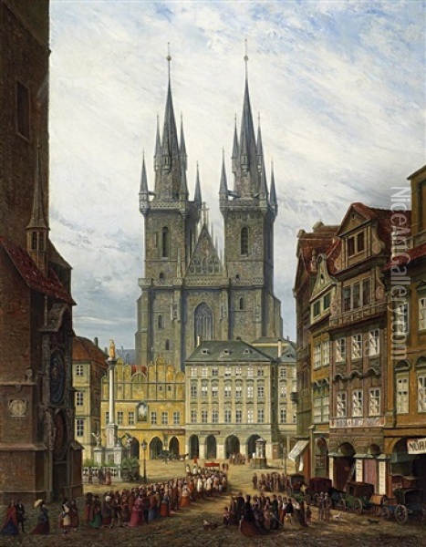 In Der Altstadt Von Prag. Prozession Auf Auf Dem Altstadter Ring Vor Der Theynkirche Oil Painting - H. Schwan