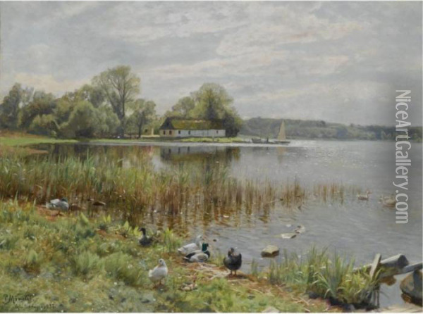AEnder Ved En Dam (ducks By A Pond) Oil Painting - Peder Mork Monsted