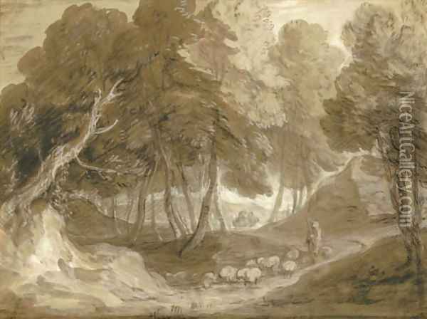 A wooded landscape with shepherd and sheep Oil Painting - Thomas Gainsborough