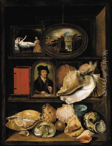 A Still Life Of Shells, Paintings And Books On Recessed Shelves Oil Painting - Hieronymus Francken the Younger