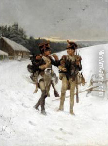 Two Officers With Game Oil Painting - Alexander Schwabe