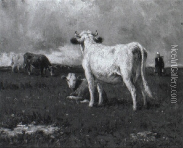Cows Grazing In A Field Oil Painting - Emile van Marcke de Lummen